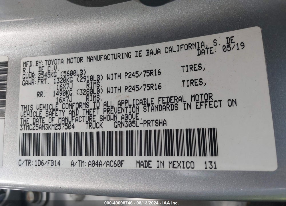 2019 TOYOTA TACOMA SR V6 VIN: 3TMCZ5AN3KM257504