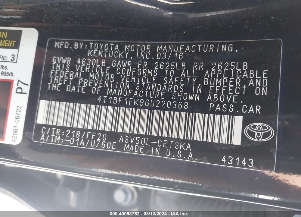 2016 TOYOTA CAMRY SE VIN: 4T1BF1FK9GU220368