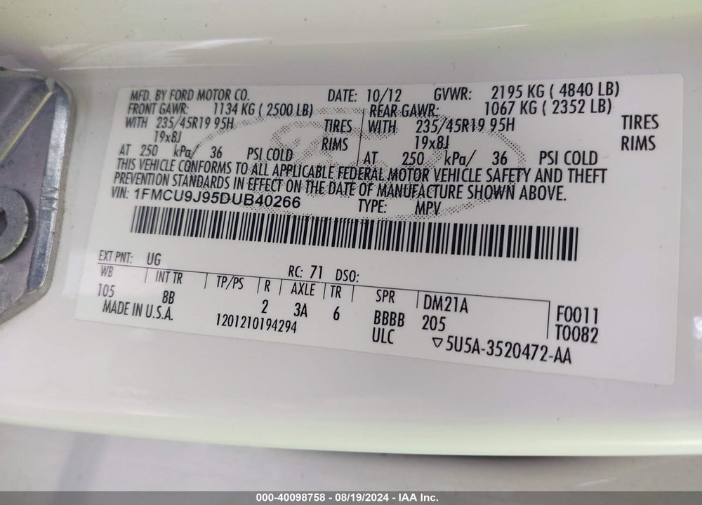 2013 FORD ESCAPE TITANIUM VIN: 1FMCU9J95DUB40266