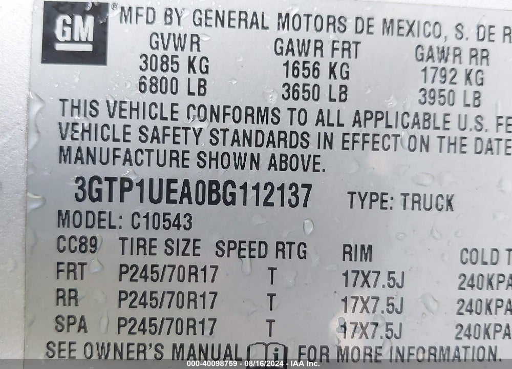2011 GMC SIERRA 1500 SL VIN: 3GTP1UEA0BG112137