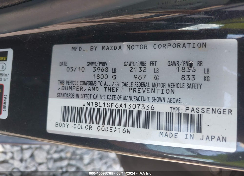2010 MAZDA 3 I TOURING VIN: JM1BL1SF6A1307336