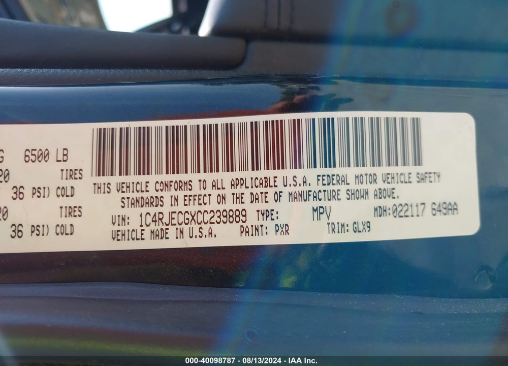 2012 JEEP GRAND CHEROKEE OVERLAND VIN: 1C4RJECGXCC239889