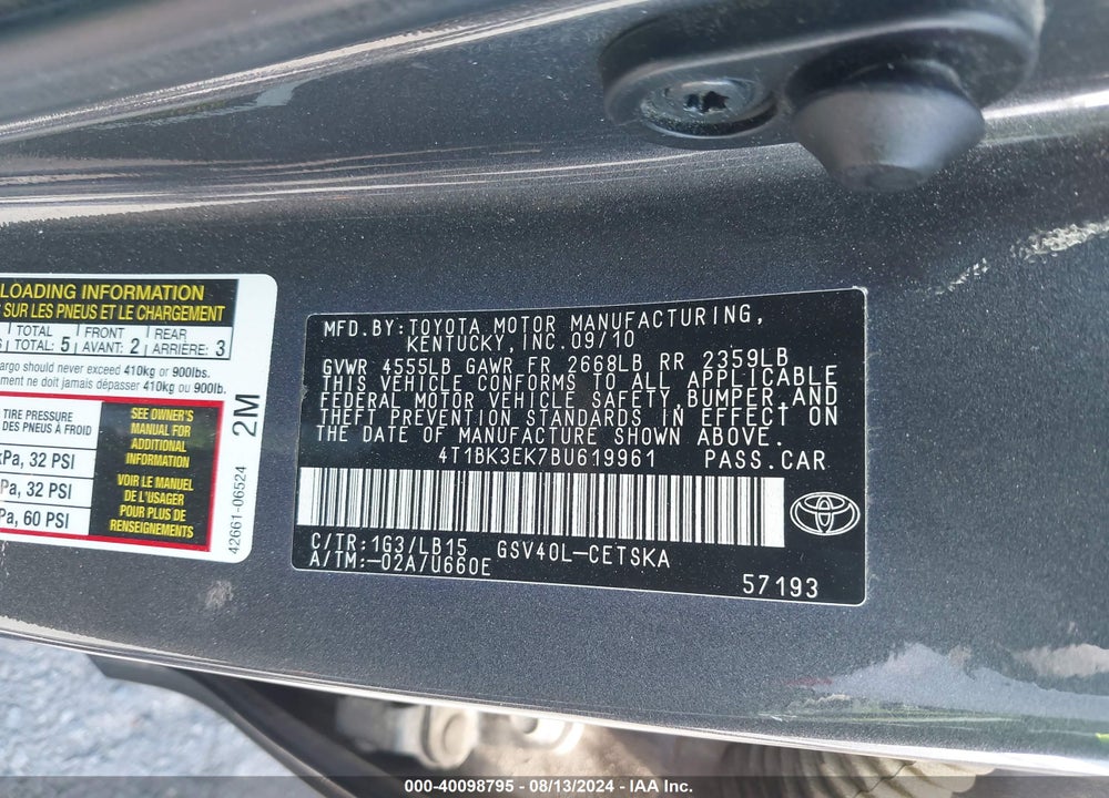 2011 TOYOTA CAMRY SE V6 VIN: 4T1BK3EK7BU619961