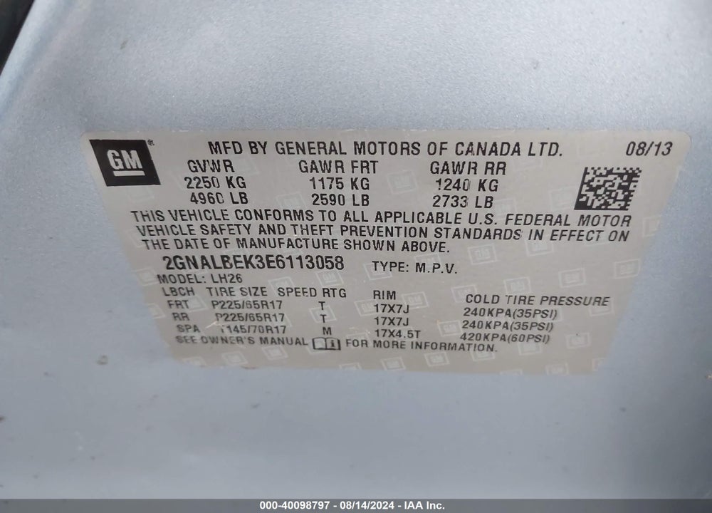 2014 CHEVROLET EQUINOX 1LT VIN: 2GNALBEK3E6113058