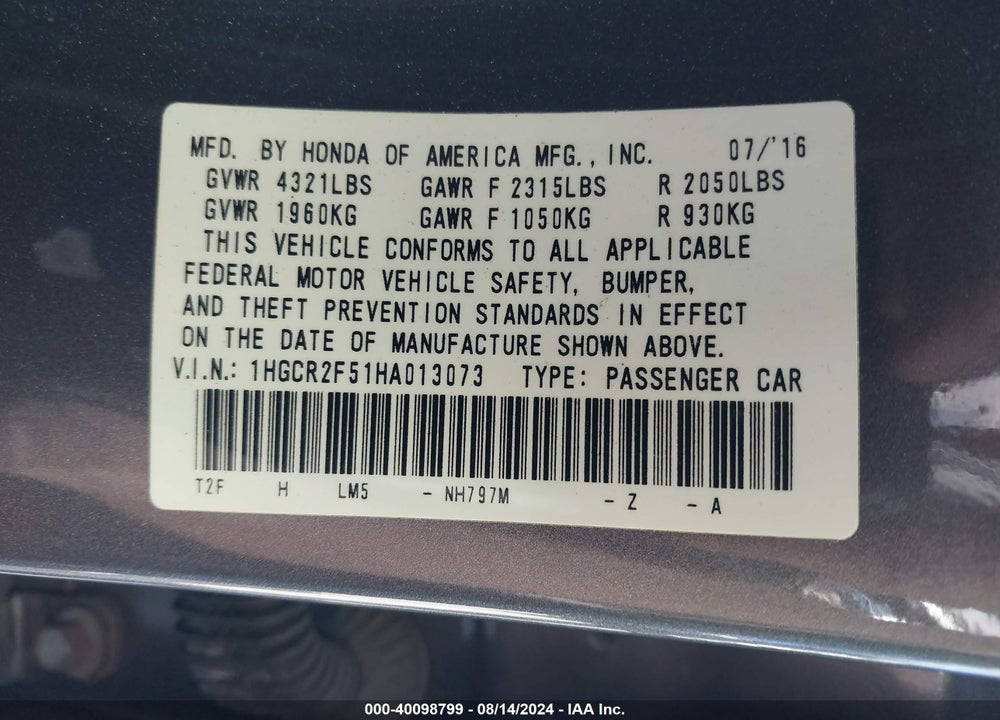 2017 HONDA ACCORD VIN: 1HGCR2F51HA013073