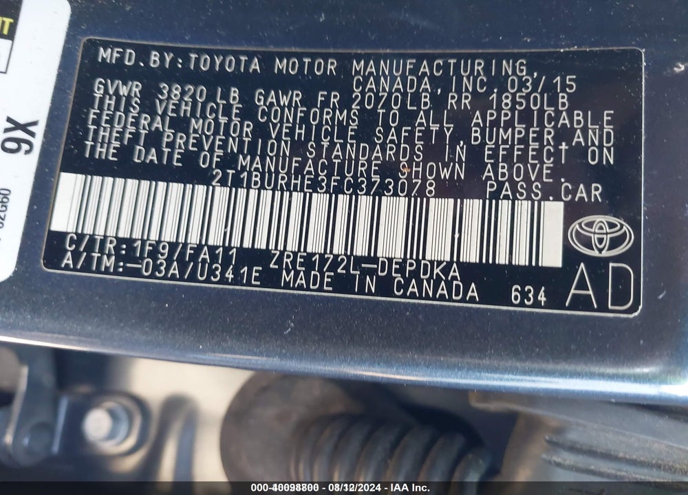 2015 TOYOTA COROLLA L VIN: 2T1BURHE3FC373078