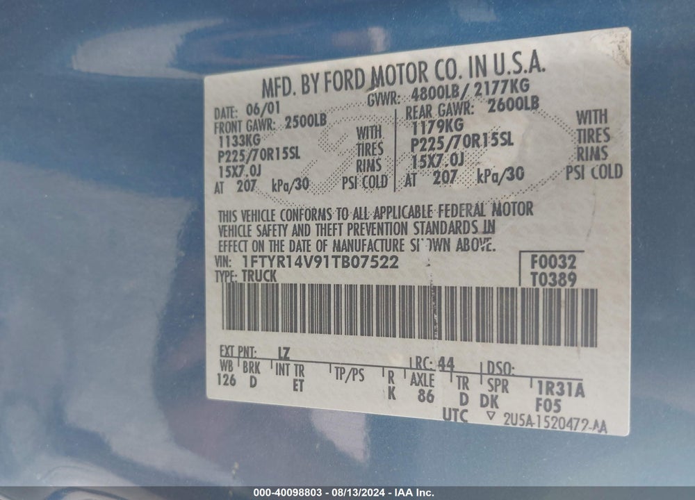 2001 FORD RANGER EDGE/XL/XLT VIN: 1FTYR14V91TB07522