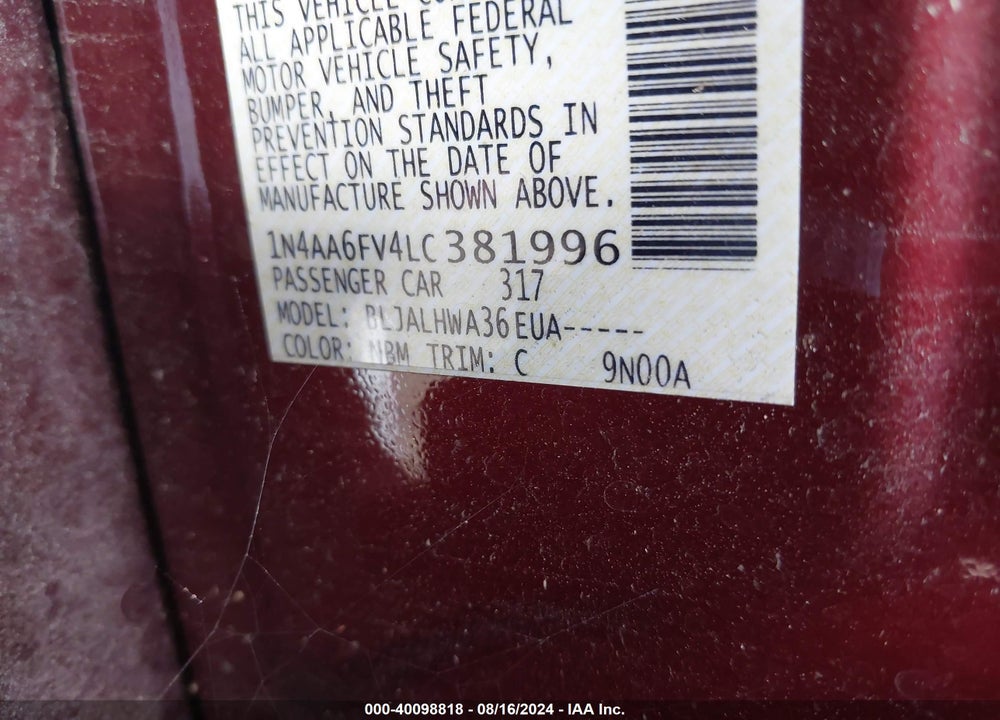 2020 NISSAN MAXIMA PLATINUM XTRONIC CVT VIN: 1N4AA6FV4LC381996