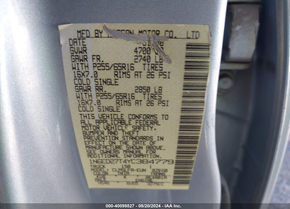 2000 NISSAN FRONTIER SE-V6/XE-V6 VIN: 1N6ED27T4YC384779
