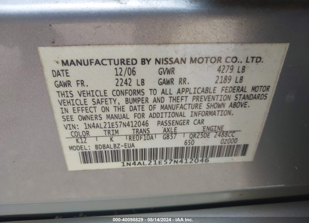 2007 NISSAN ALTIMA 2.5 S VIN: 1N4AL21E57N412046