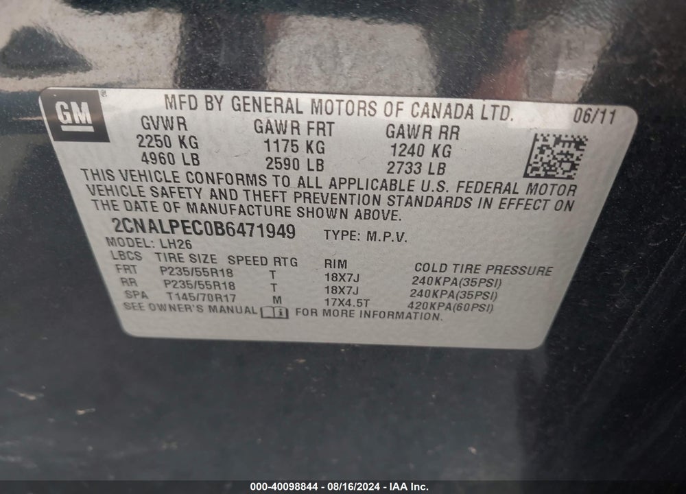 2011 CHEVROLET EQUINOX 2LT VIN: 2CNALPEC0B6471949