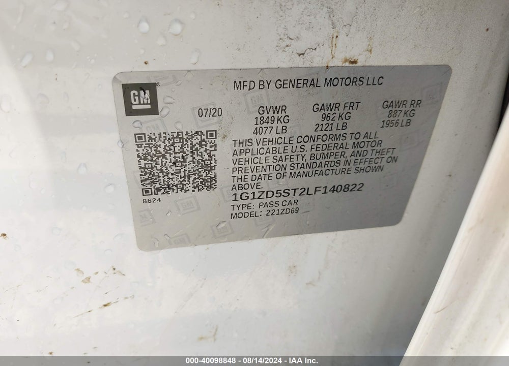 2020 CHEVROLET MALIBU FWD LT VIN: 1G1ZD5ST2LF140822