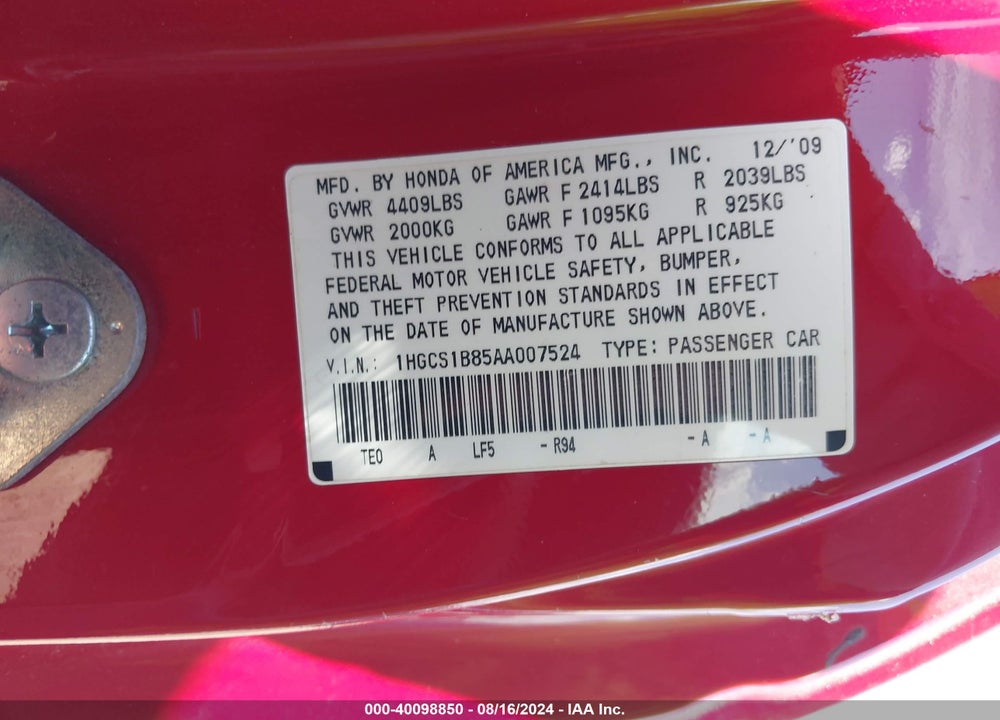 2010 HONDA ACCORD 2.4 EX-L VIN: 1HGCS1B85AA007524
