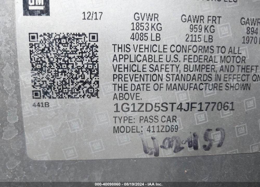 2018 CHEVROLET MALIBU LT VIN: 1G1ZD5ST4JF177061