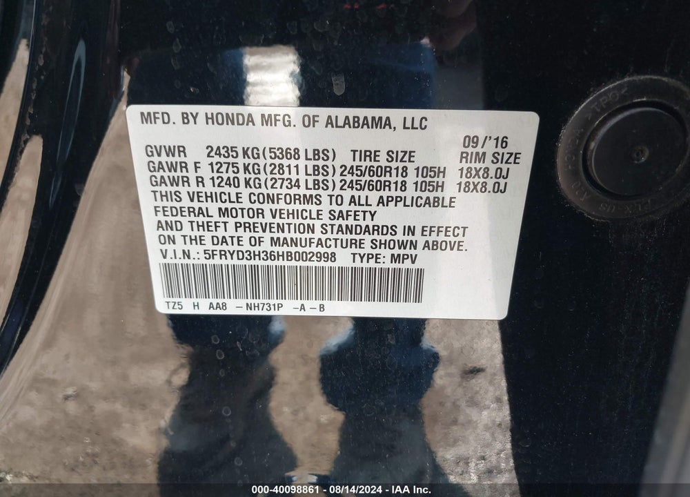 2017 ACURA MDX VIN: 5FRYD3H36HB002998