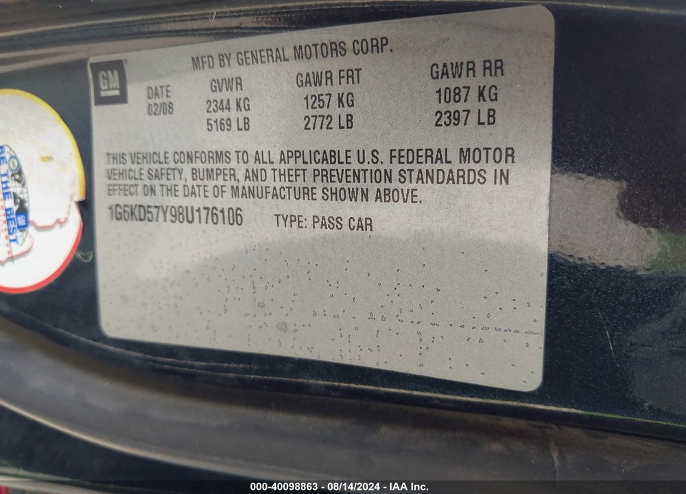 2008 CADILLAC DTS 1SB VIN: 1G6KD57Y98U176106