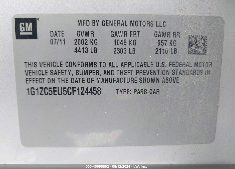 2012 CHEVROLET MALIBU 1LT VIN: 1G1ZC5EU5CF124458