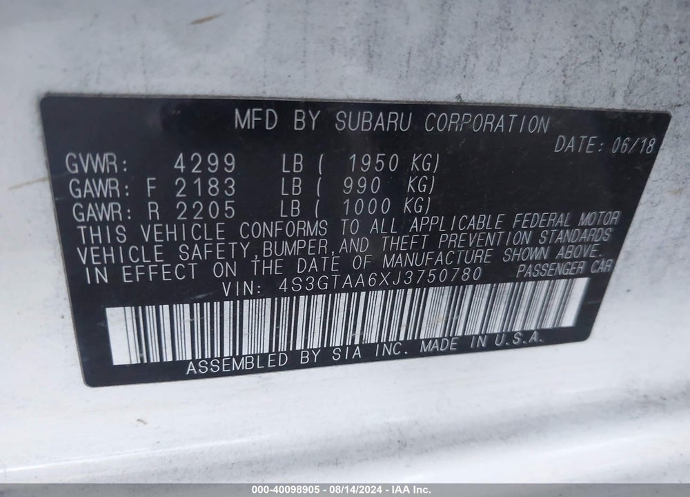 2018 SUBARU IMPREZA VIN: 4S3GTAA6XJ3750780