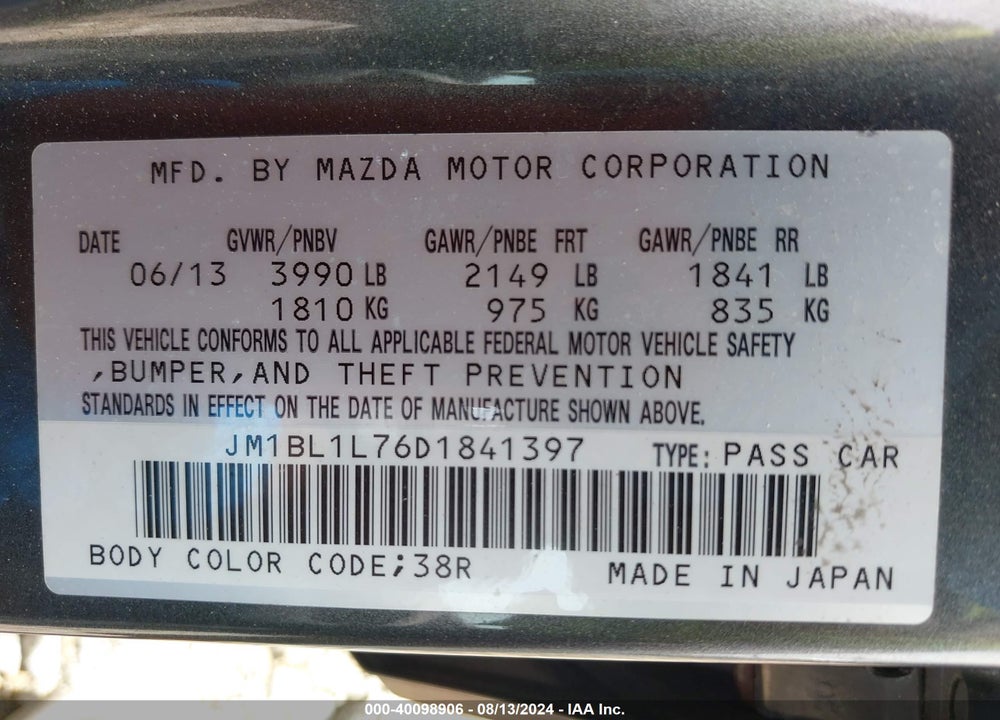 2013 MAZDA 3 I TOURING VIN: JM1BL1L76D1841397