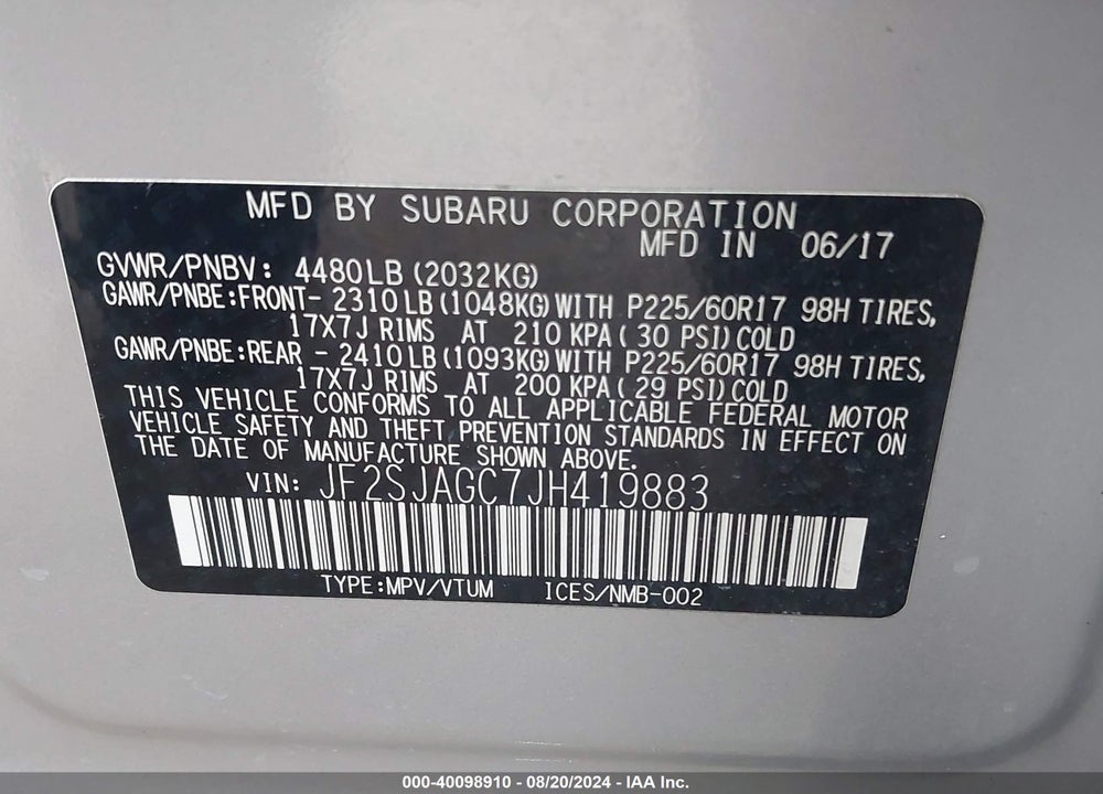 2018 SUBARU FORESTER 2.5I PREMIUM VIN: JF2SJAGC7JH419883