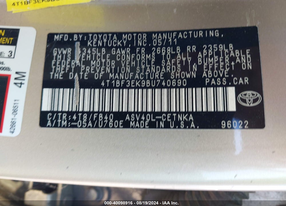2011 TOYOTA CAMRY LE VIN: 4T1BF3EK9BU740690
