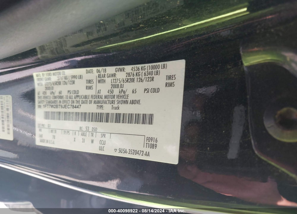 2018 FORD F-250 PLATINUM VIN: 1FT7W2BT9JEC78447