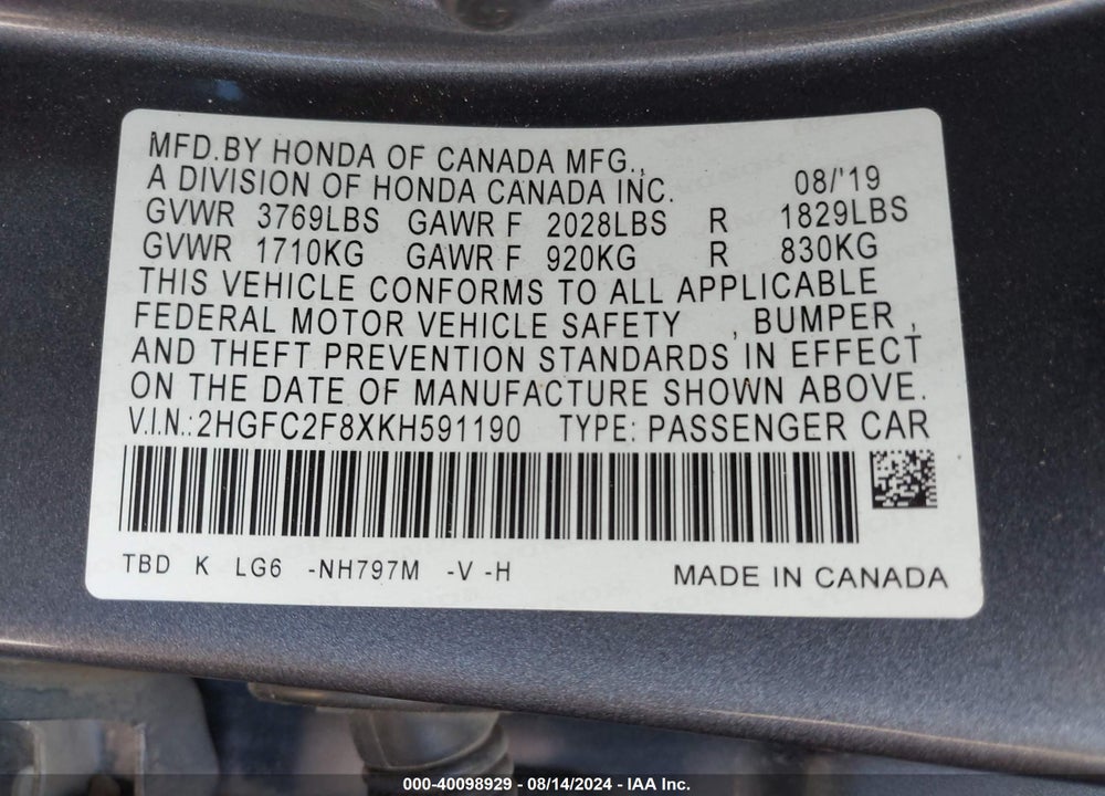 2019 HONDA CIVIC SPORT VIN: 2HGFC2F8XKH591190