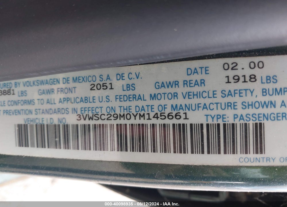 2000 VOLKSWAGEN JETTA GLS VIN: 3VWSC29M0YM145661