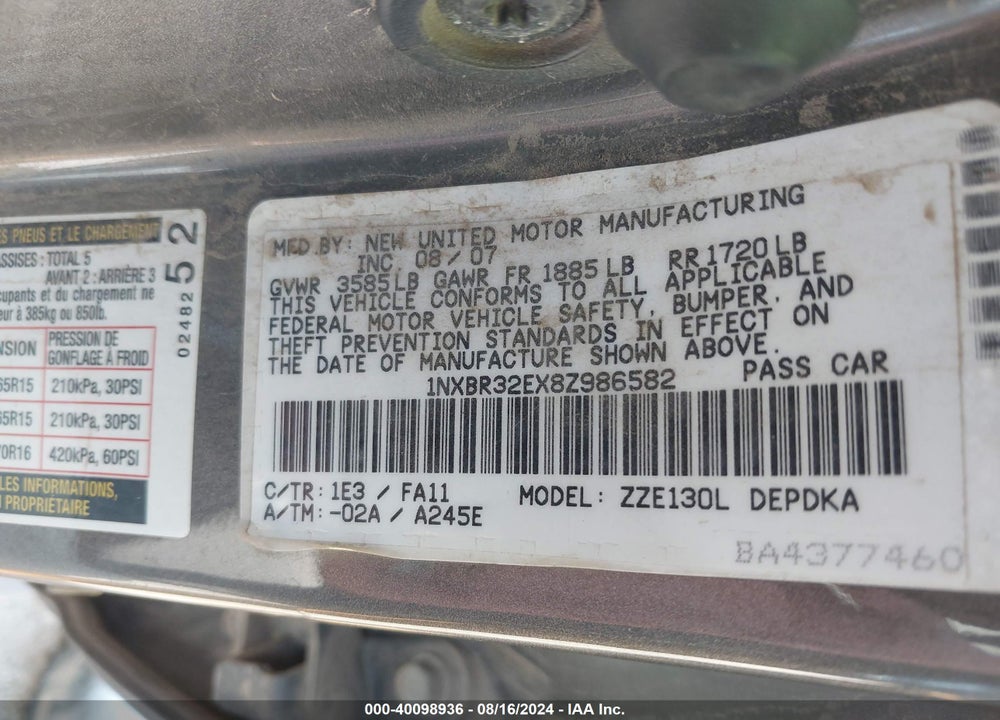 2008 TOYOTA COROLLA CE VIN: 1NXBR32EX8Z986582