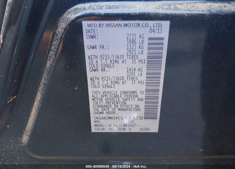 2015 NISSAN PATHFINDER PLATINUM VIN: 5N1AR2MN5FC668570
