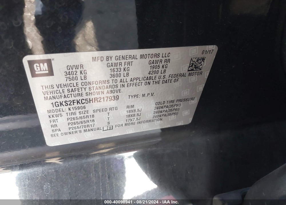 2017 GMC YUKON XL SLE VIN: 1GKS2FKC5HR217939