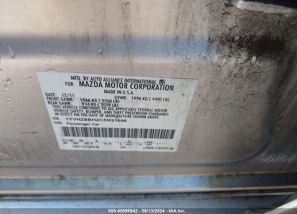 2012 MAZDA 6 I SPORT VIN: 1YVHZ8BH2C5M21696