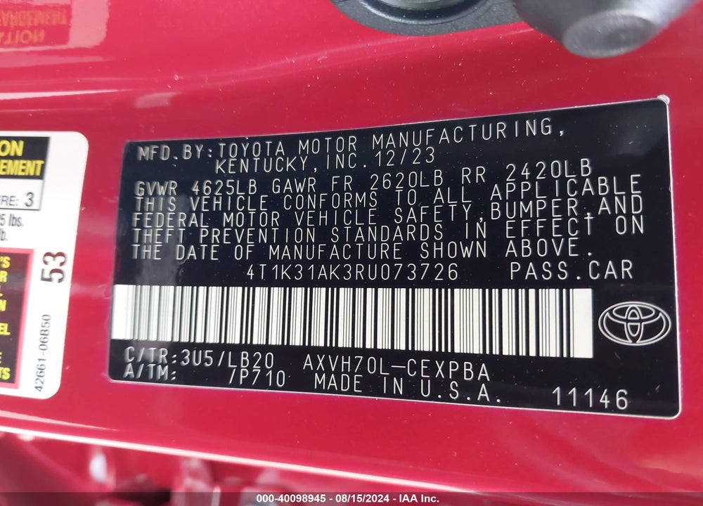 2024 TOYOTA CAMRY HYBRID XSE VIN: 4T1K31AK3RU073726