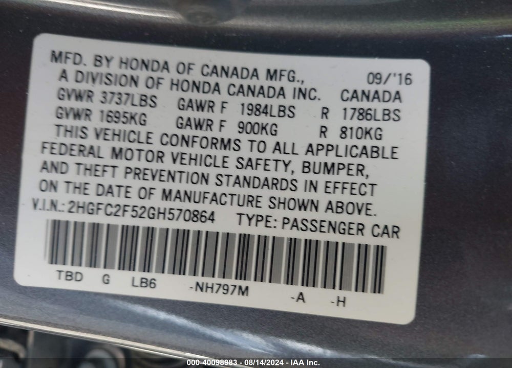 2016 HONDA CIVIC LX VIN: 2HGFC2F52GH570864