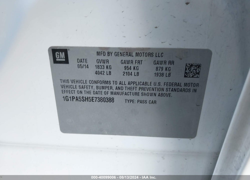 2014 CHEVROLET CRUZE LS AUTO VIN: 1G1PA5SH5E7380388