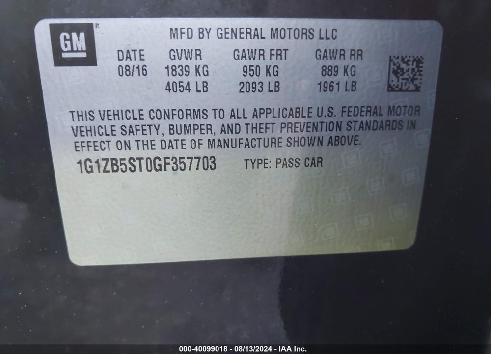 2016 CHEVROLET MALIBU LS VIN: 1G1ZB5ST0GF357703