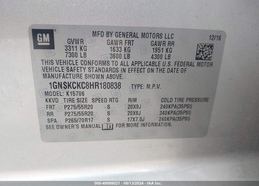 2017 CHEVROLET TAHOE PREMIER VIN: 1GNSKCKC8HR180838