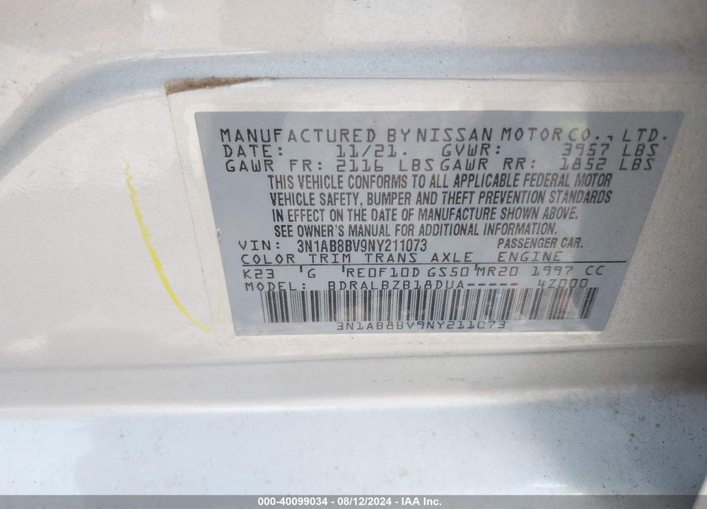 2022 NISSAN SENTRA S XTRONIC CVT VIN: 3N1AB8BV9NY211073