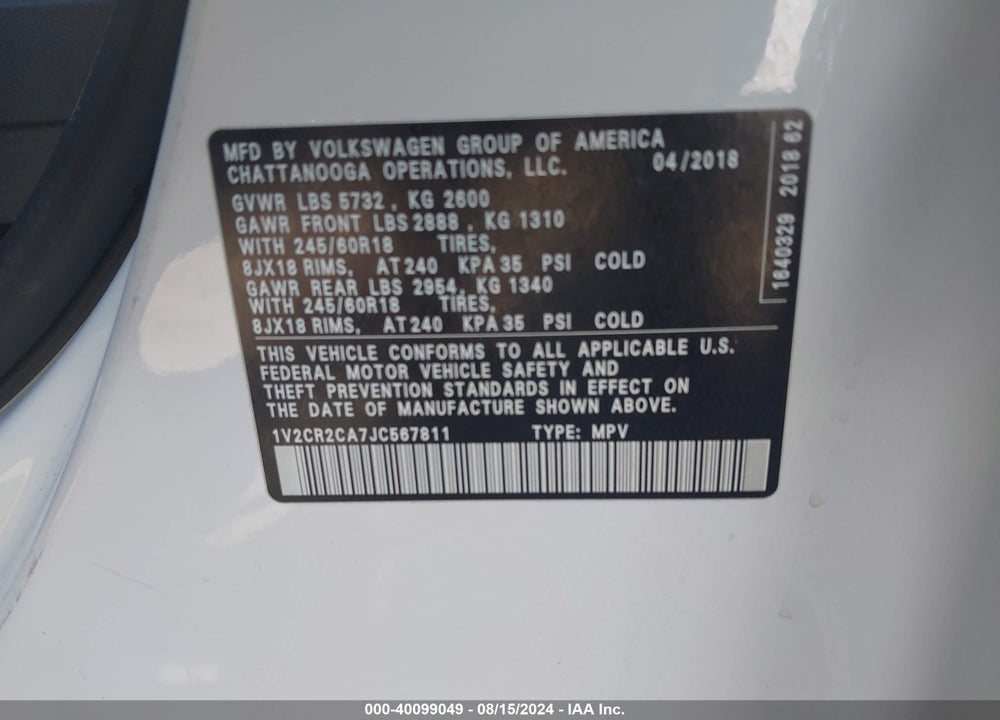 2018 VOLKSWAGEN ATLAS VIN: 1V2CR2CA7JC567811