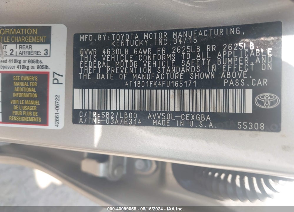 2015 TOYOTA CAMRY HYBRID XLE VIN: 4T1BD1FK4FU165171