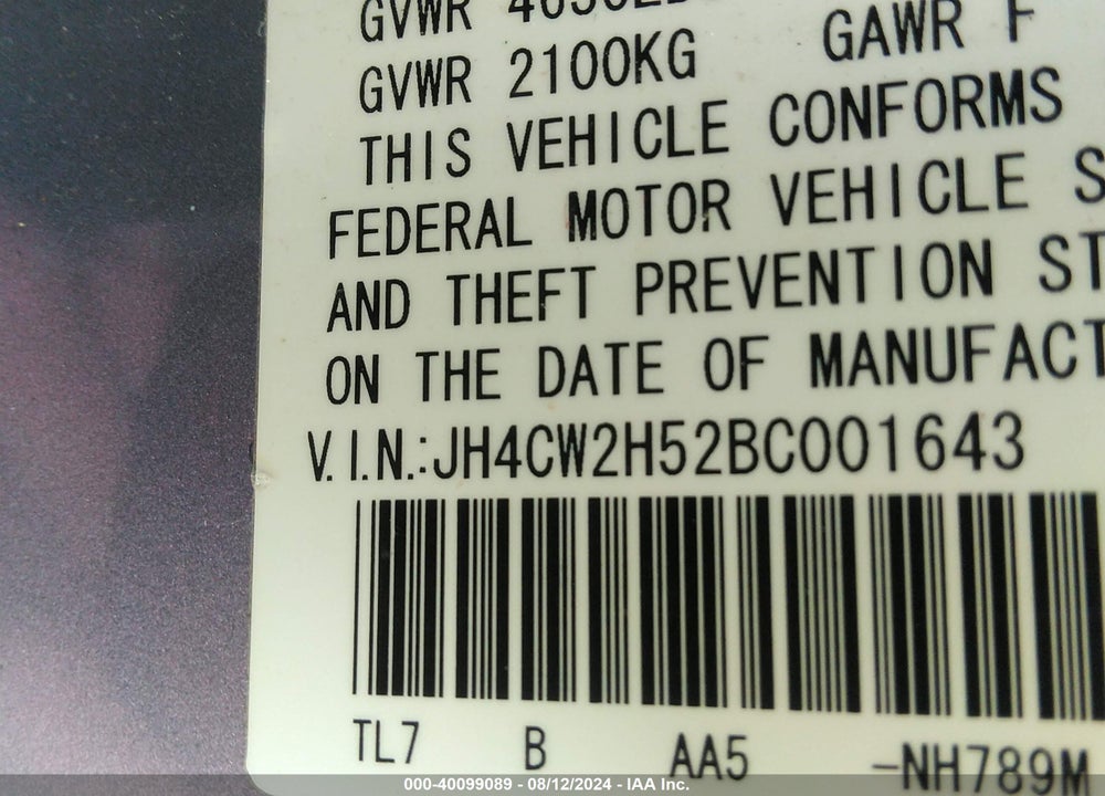 2011 ACURA TSX 2.4 VIN: JH4CW2H52BC001643