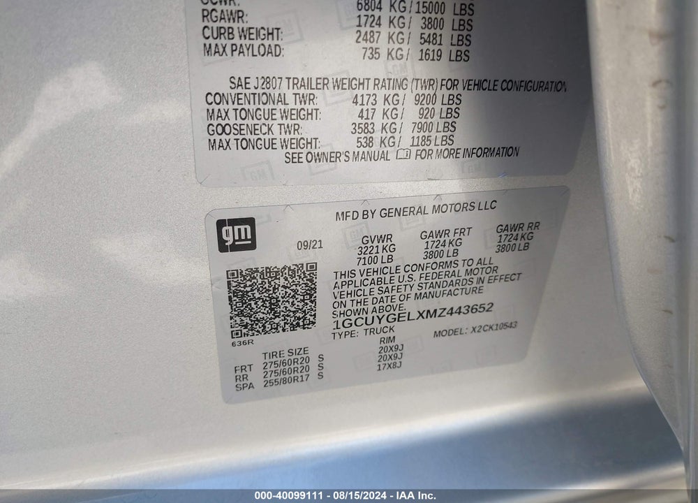 2021 CHEVROLET SILVERADO 1500 4WD SHORT BED LTZ VIN: 1GCUYGELXMZ443652
