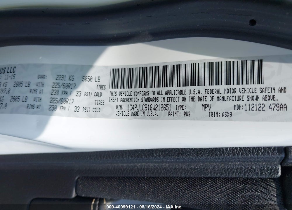 2016 JEEP CHEROKEE LATITUDE VIN: 1C4PJLCB1GW212651