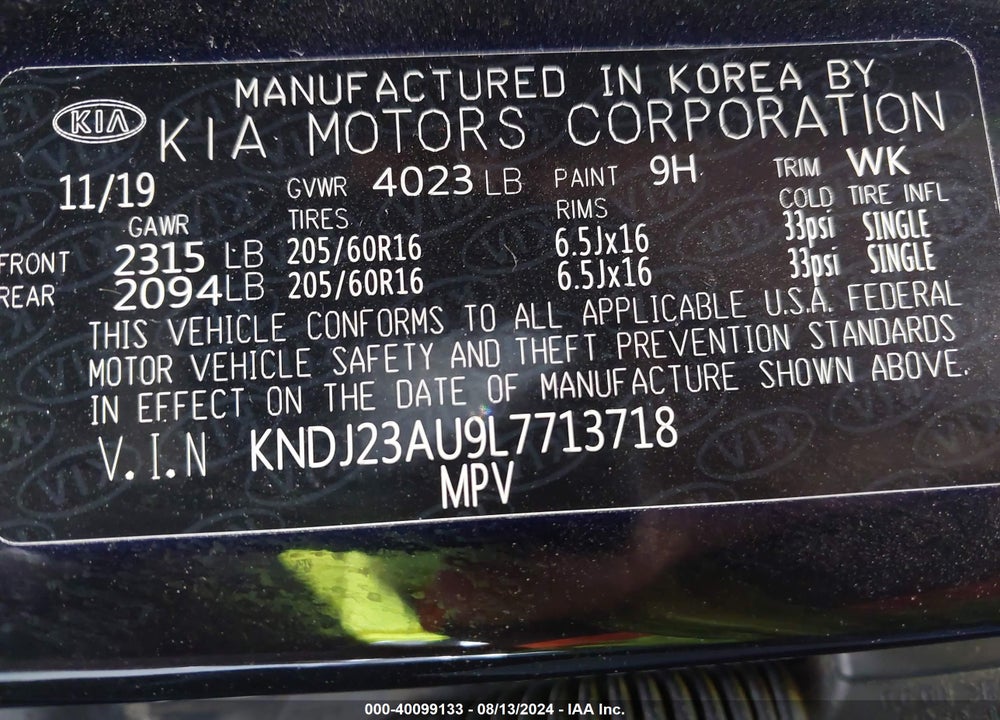 2020 KIA SOUL !/+/S VIN: KNDJ23AU9L7713718