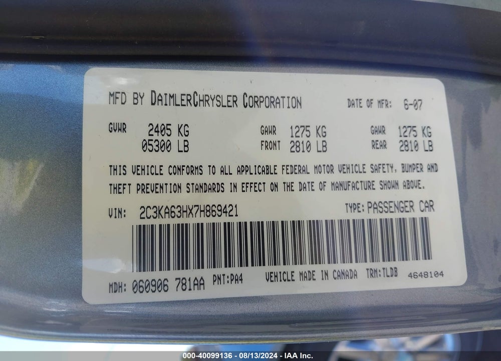 2007 CHRYSLER 300C VIN: 2C3KA63HX7H869421
