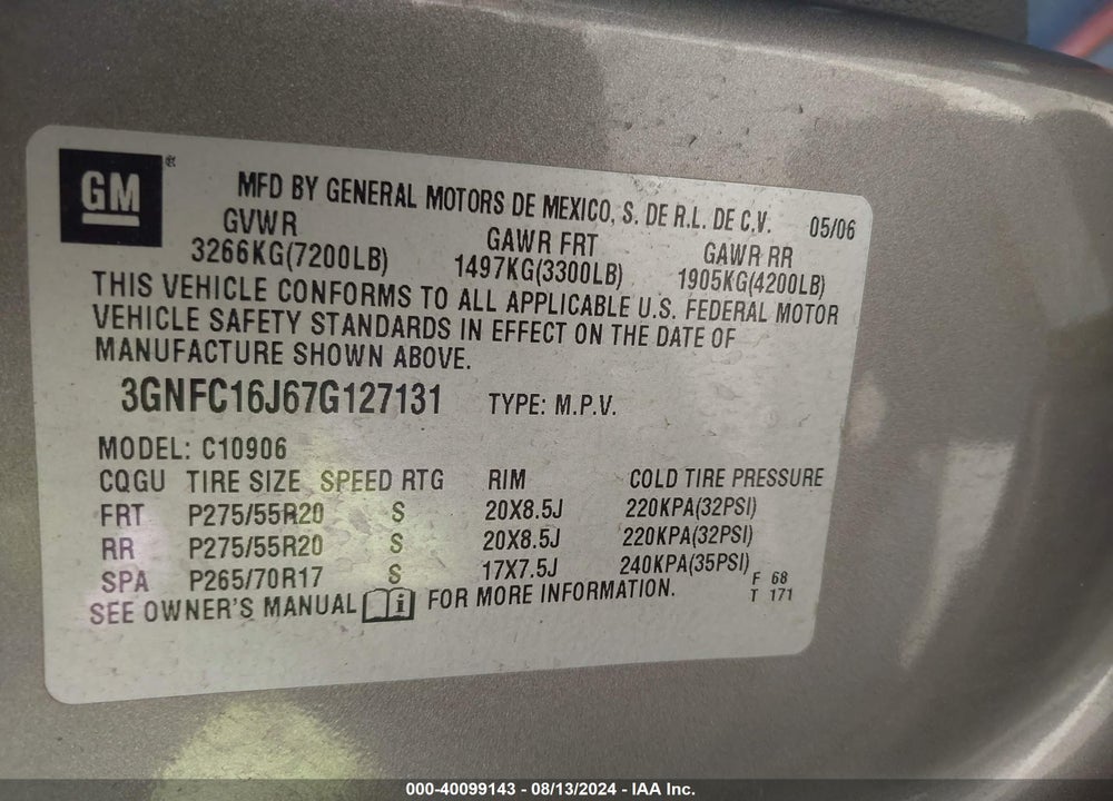 2007 CHEVROLET SUBURBAN 1500 LT VIN: 3GNFC16J67G127131