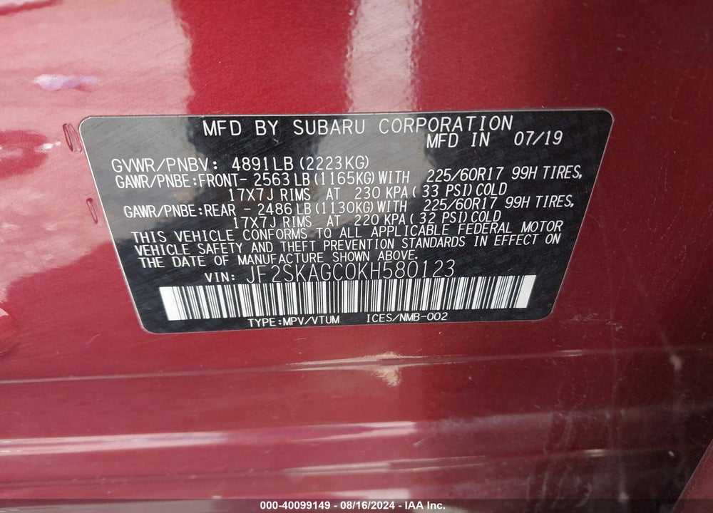 2019 SUBARU FORESTER PREMIUM VIN: JF2SKAGC0KH580123