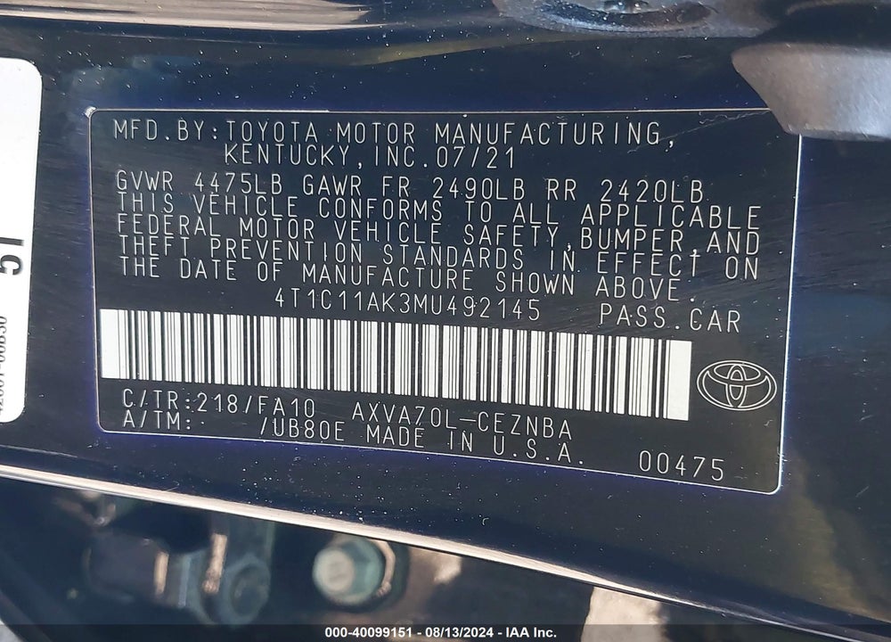 2021 TOYOTA CAMRY LE VIN: 4T1C11AK3MU492145