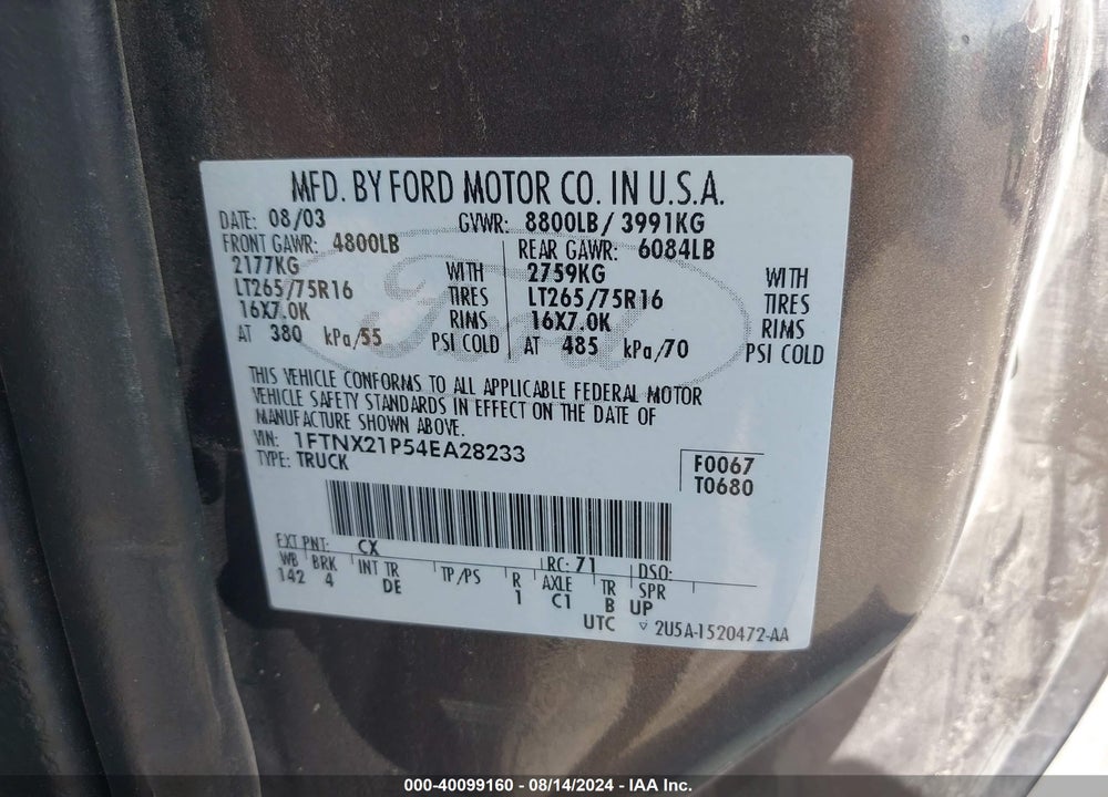 2004 FORD F250 SUPER DUTY VIN: 1FTNX21P54EA28233