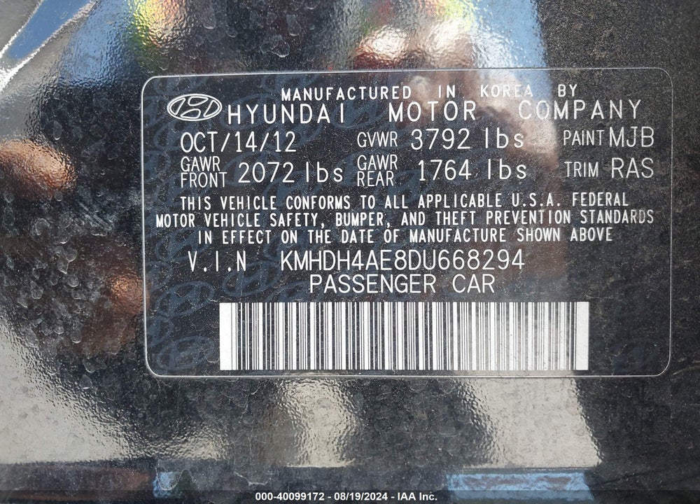 2013 HYUNDAI ELANTRA VIN: KMHDH4AE8DU668294